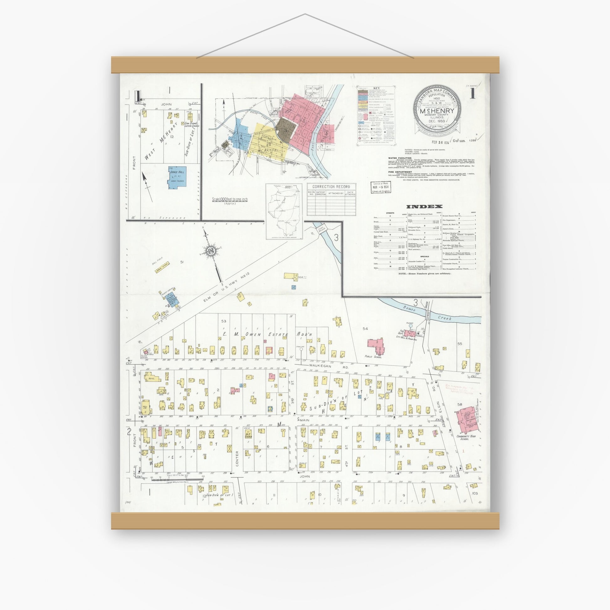 Old map wall art mockup — magnetic wood frame on white wall — Sanborn Fire Insurance Map from McHenry, McHenry County, Illinois (1933) - Complete Map Set