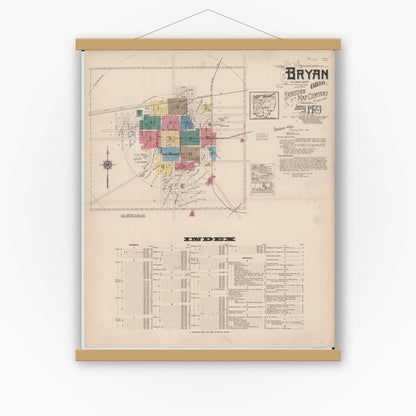 Old map wall art mockup — magnetic wood frame on white wall — Sanborn Fire Insurance Map from Bryan, Williams County, Ohio (1923), Sheet #0001