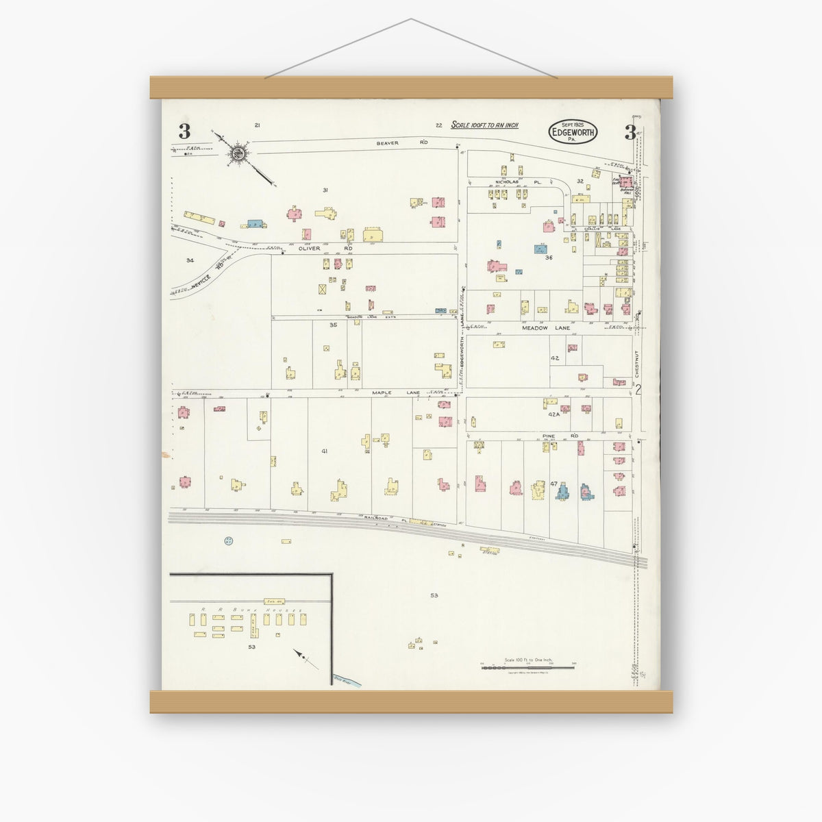 Old map wall art mockup — magnetic wood frame on white wall — Sanborn Fire Insurance Map from Edgeworth, Allegheny County, Pennsylvania (1925), Sheet #0003