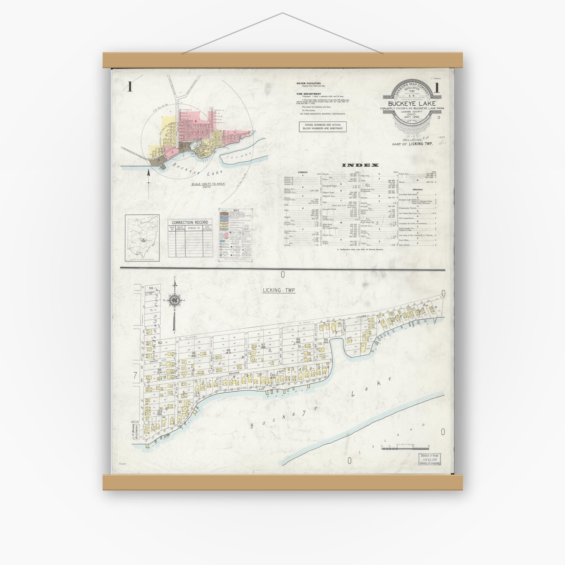 Old map wall art mockup — magnetic wood frame on white wall — Sanborn Fire Insurance Map from Buckeye Lake, Licking County, Ohio (1946) - Complete Map Set