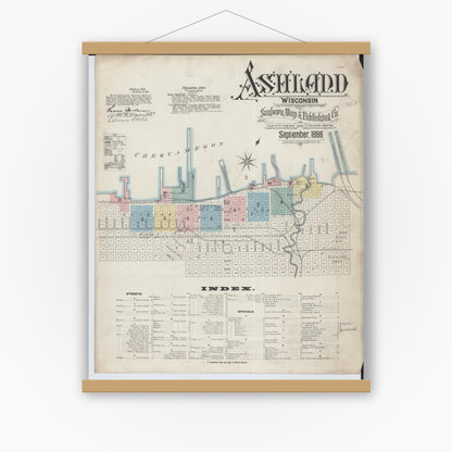 Old map wall art mockup — magnetic wood frame on white wall — Sanborn Fire Insurance Map from Ashland, Ashland County, Wisconsin (1886) - Complete Map Set