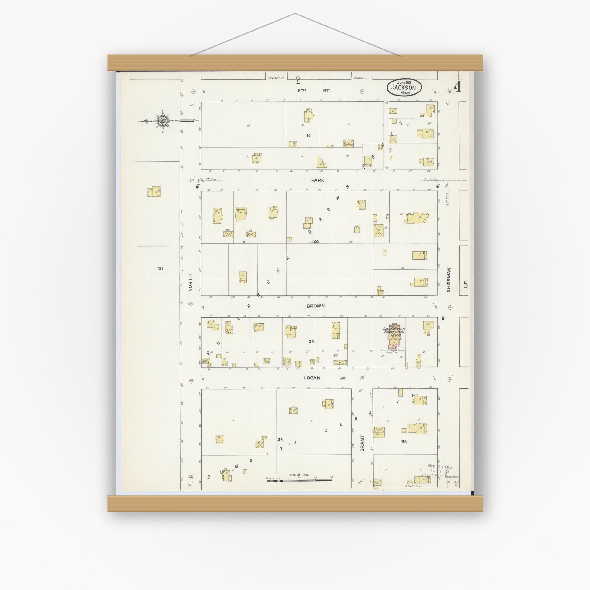 Old map wall art mockup — magnetic wood frame on white wall — Sanborn Fire Insurance Map from Jackson, Jackson County, Minnesota (1913), Sheet #0004