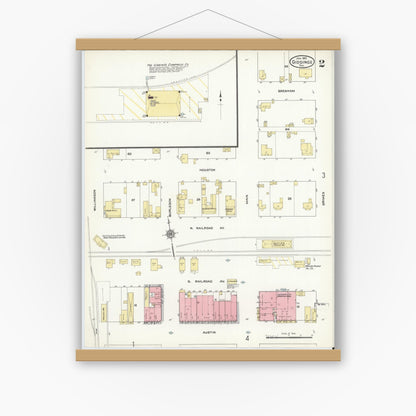 Old map wall art mockup — magnetic wood frame on white wall — Sanborn Fire Insurance Map from Giddings, Lee County, Texas (1912), Sheet #0002