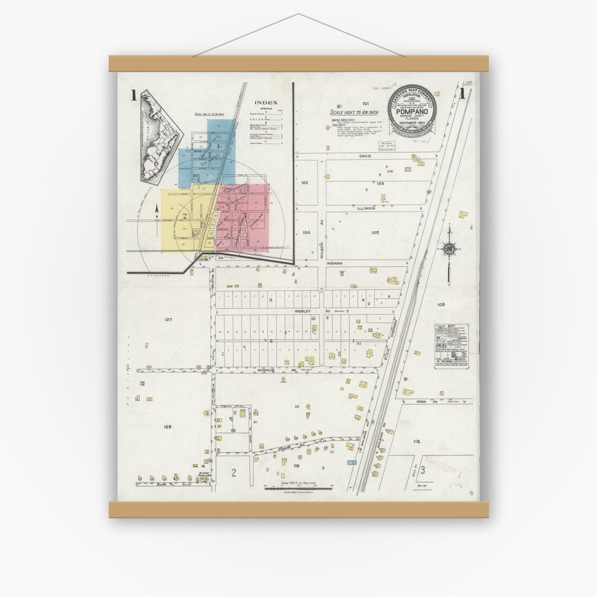 Old map wall art mockup — magnetic wood frame on white wall — Sanborn Fire Insurance Map from Pompano, Broward County, Florida (1924) - Complete Map Set