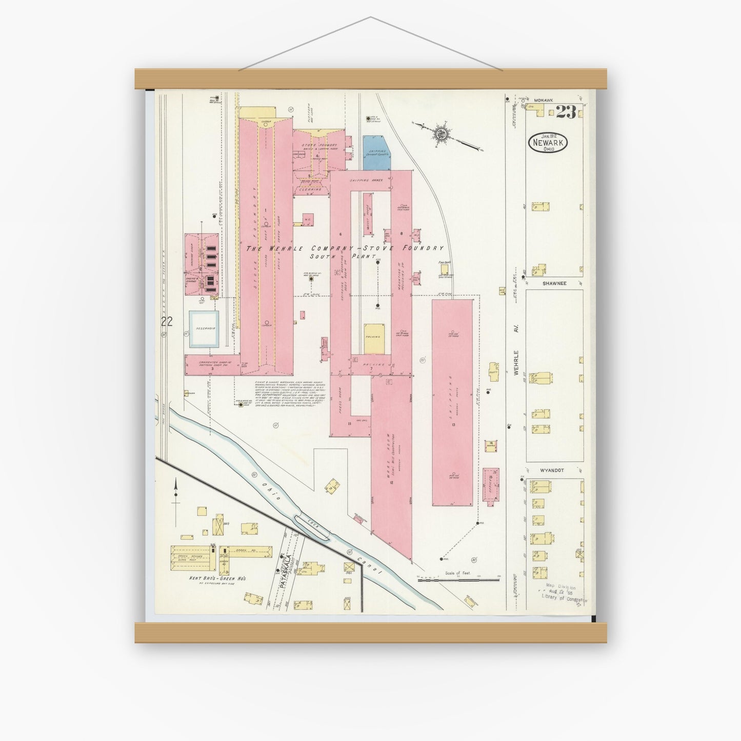 Old map wall art mockup — magnetic wood frame on white wall — Sanborn Fire Insurance Map from Newark, Licking County, Ohio (1912), Sheet #0023
