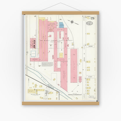 Old map wall art mockup — magnetic wood frame on white wall — Sanborn Fire Insurance Map from Newark, Licking County, Ohio (1912), Sheet #0023