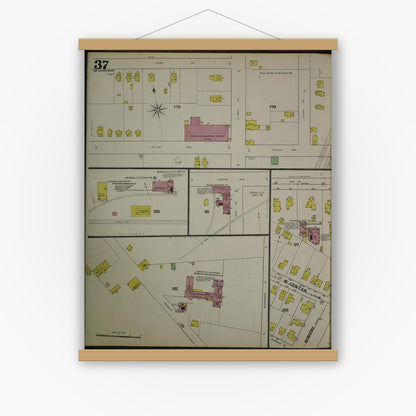 Old map wall art mockup — magnetic wood frame on white wall — Sanborn Fire Insurance Map from Akron, Summit County, Ohio (1892), Sheet #0037