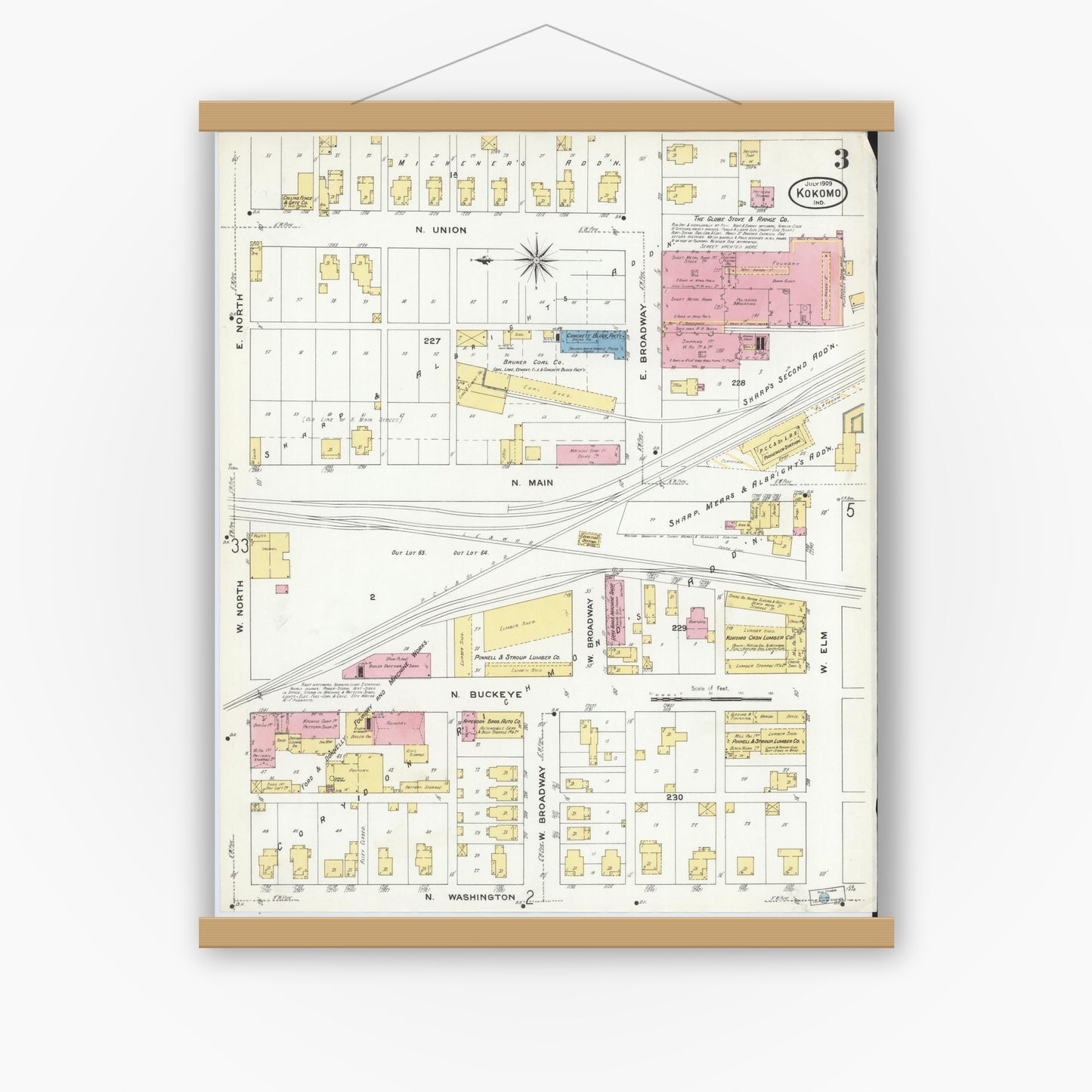 Old map wall art mockup — magnetic wood frame on white wall — Sanborn Fire Insurance Map from Kokomo, Howard County, Indiana (1909), Sheet #0003