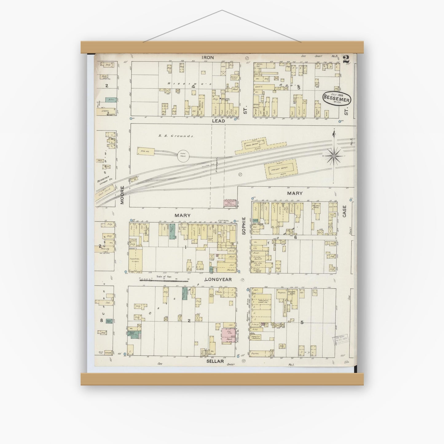 Old map wall art mockup — magnetic wood frame on white wall — Sanborn Fire Insurance Map from Bessemer, Gogebic County, Michigan (1888), Sheet #0002