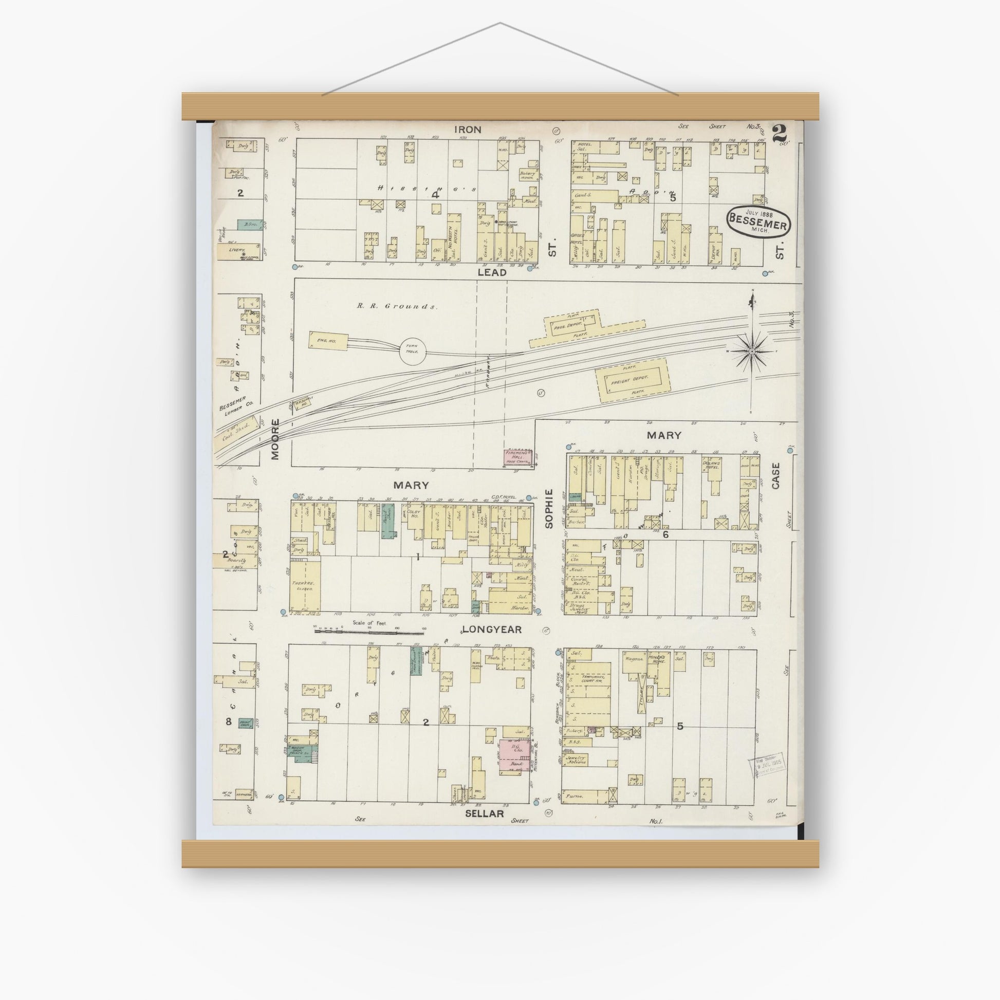 Old map wall art mockup — magnetic wood frame on white wall — Sanborn Fire Insurance Map from Bessemer, Gogebic County, Michigan (1888), Sheet #0002