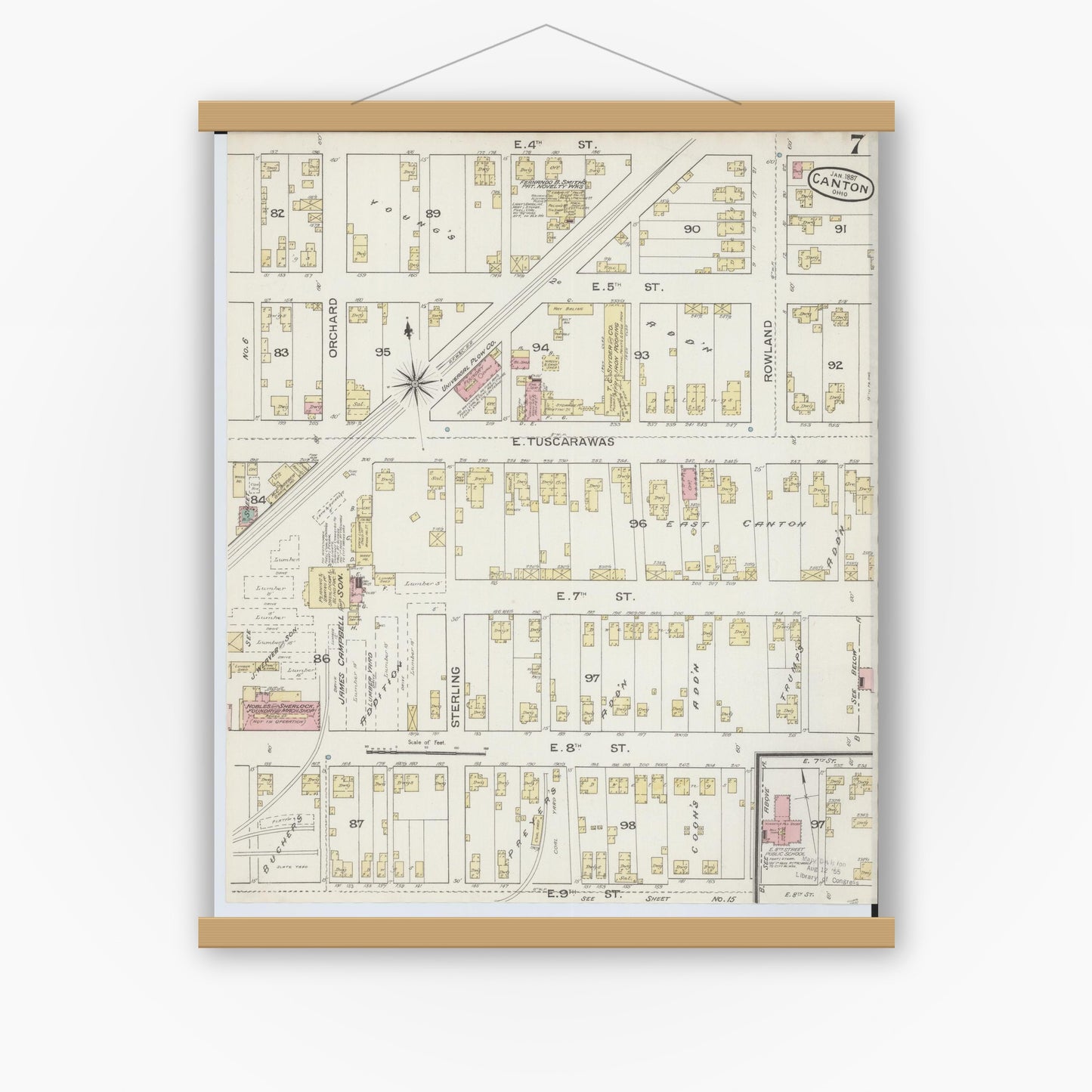 Old map wall art mockup — magnetic wood frame on white wall — Sanborn Fire Insurance Map from Canton, Stark County, Ohio (1887), Sheet #0007