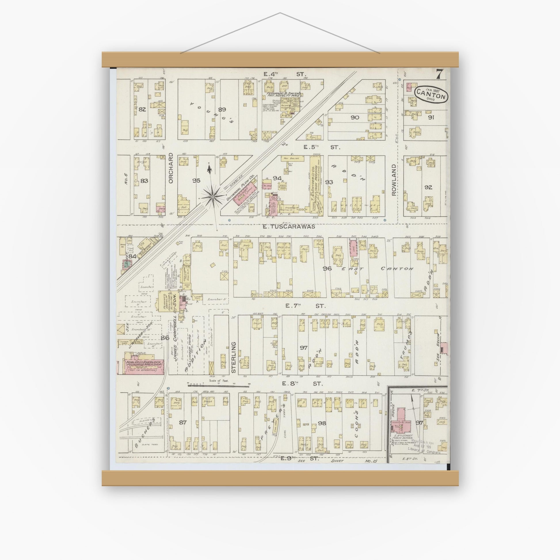 Old map wall art mockup — magnetic wood frame on white wall — Sanborn Fire Insurance Map from Canton, Stark County, Ohio (1887), Sheet #0007