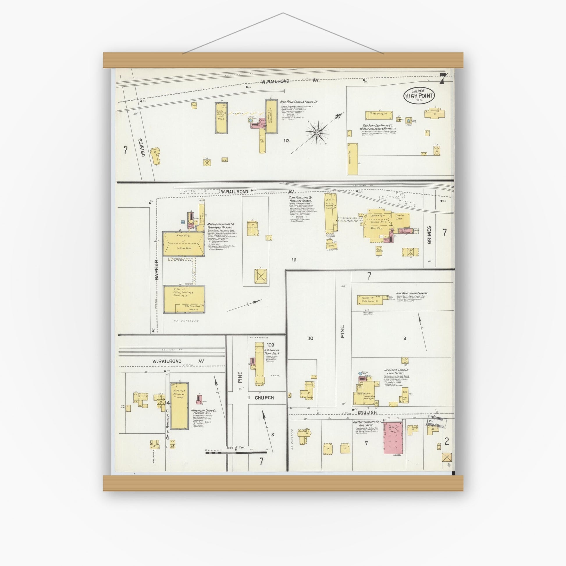 Old map wall art mockup — magnetic wood frame on white wall — Sanborn Fire Insurance Map from High Point, Guilford County, North Carolina (1902), Sheet #0007