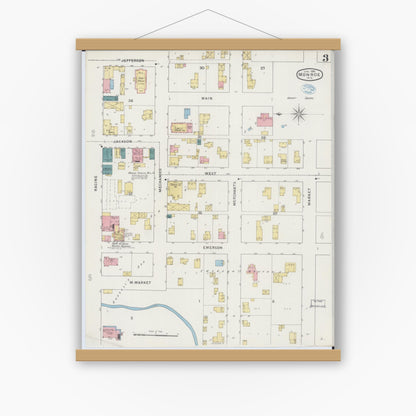 Old map wall art mockup — magnetic wood frame on white wall — Sanborn Fire Insurance Map from Monroe, Green County, Wisconsin (1894), Sheet #0003