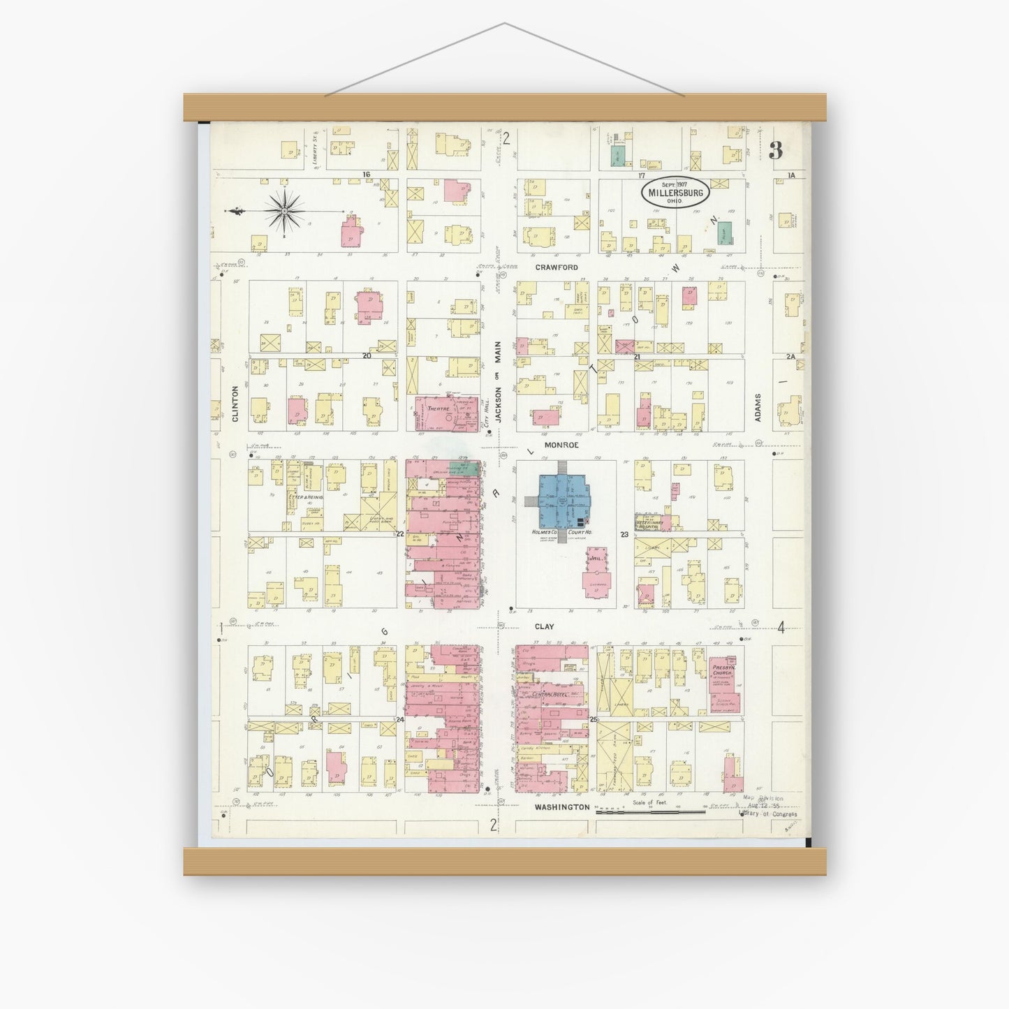 Old map wall art mockup — magnetic wood frame on white wall — Sanborn Fire Insurance Map from Millersburg, Holmes County, Ohio (1907), Sheet #0003
