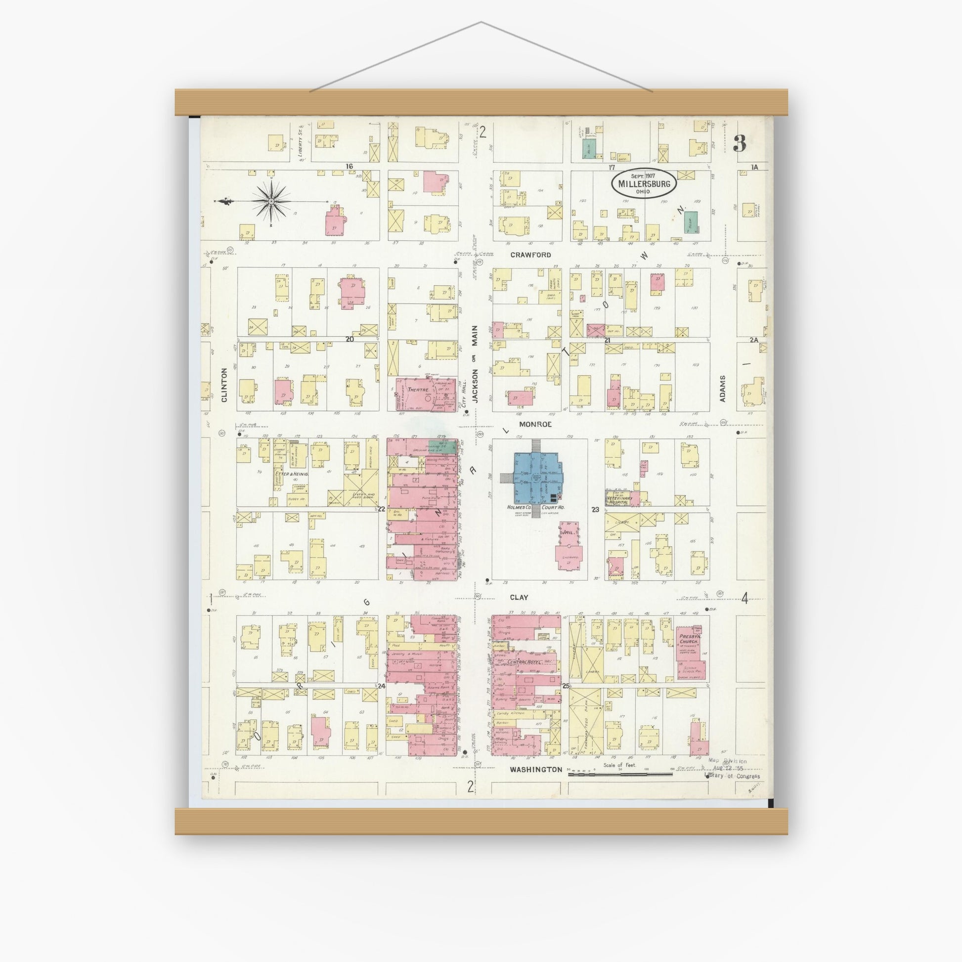 Old map wall art mockup — magnetic wood frame on white wall — Sanborn Fire Insurance Map from Millersburg, Holmes County, Ohio (1907), Sheet #0003