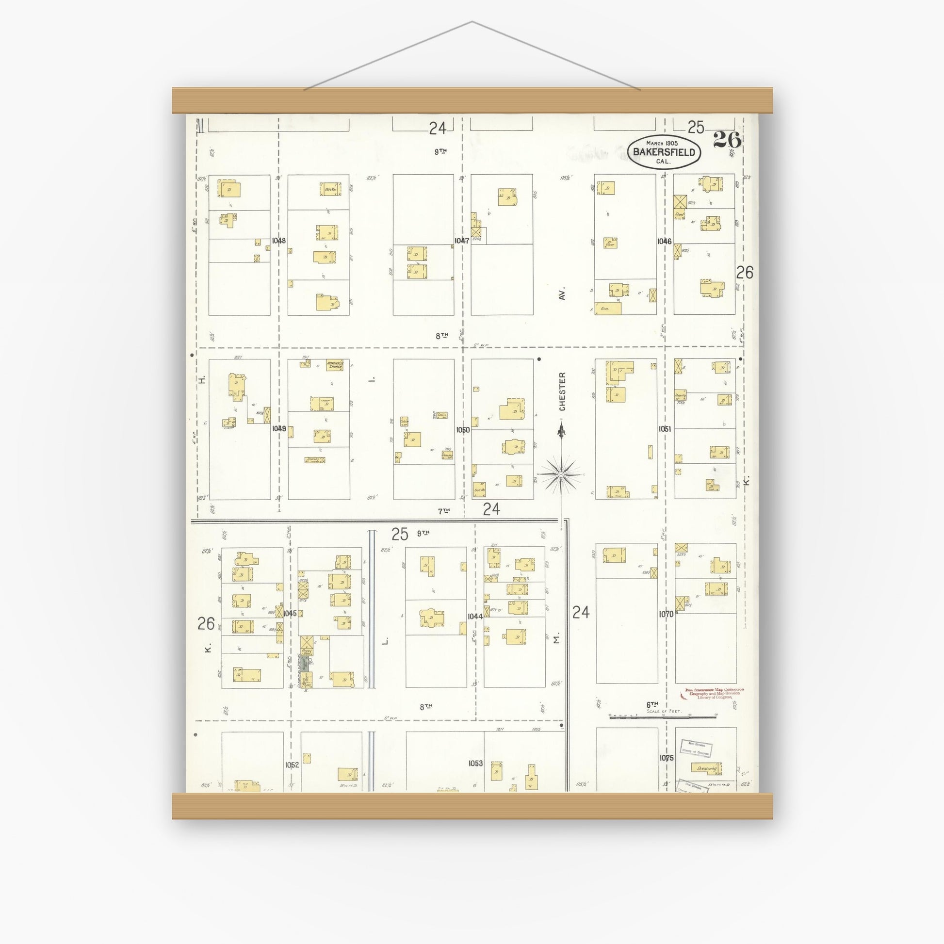 Old map wall art mockup — magnetic wood frame on white wall — Sanborn Fire Insurance Map from Bakersfield, Kern County, California (1905), Sheet #0026