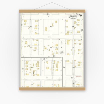 Old map wall art mockup — magnetic wood frame on white wall — Sanborn Fire Insurance Map from Bakersfield, Kern County, California (1905), Sheet #0026
