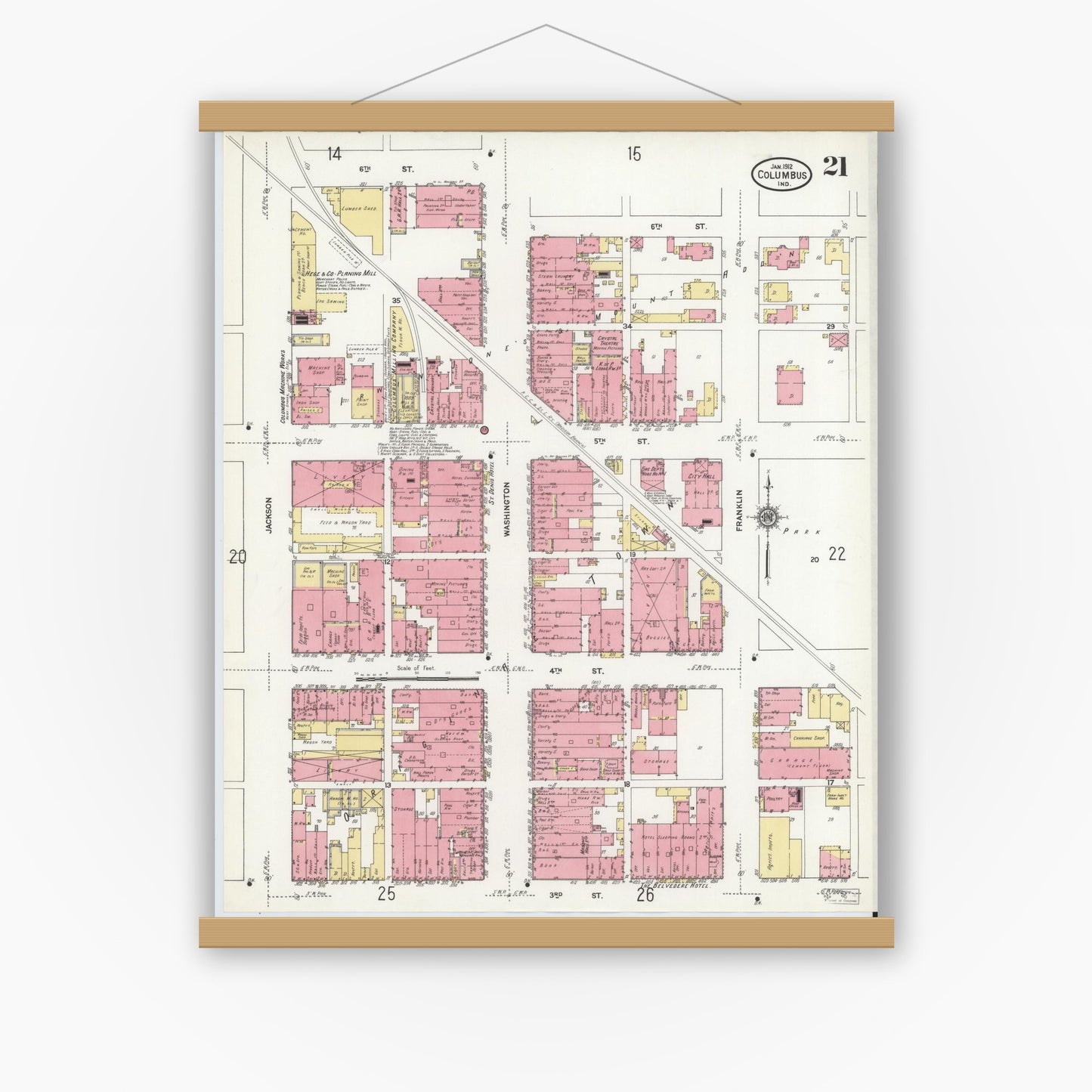 Old map wall art mockup — magnetic wood frame on white wall — Sanborn Fire Insurance Map from Columbus, Bartholomew County, Indiana (1912), Sheet #0021
