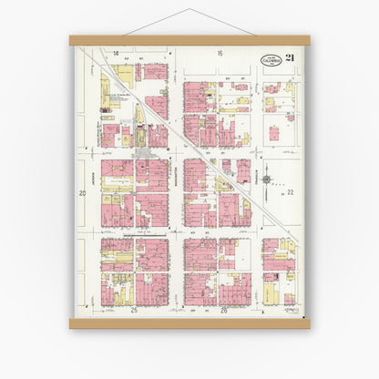Old map wall art mockup — magnetic wood frame on white wall — Sanborn Fire Insurance Map from Columbus, Bartholomew County, Indiana (1912), Sheet #0021