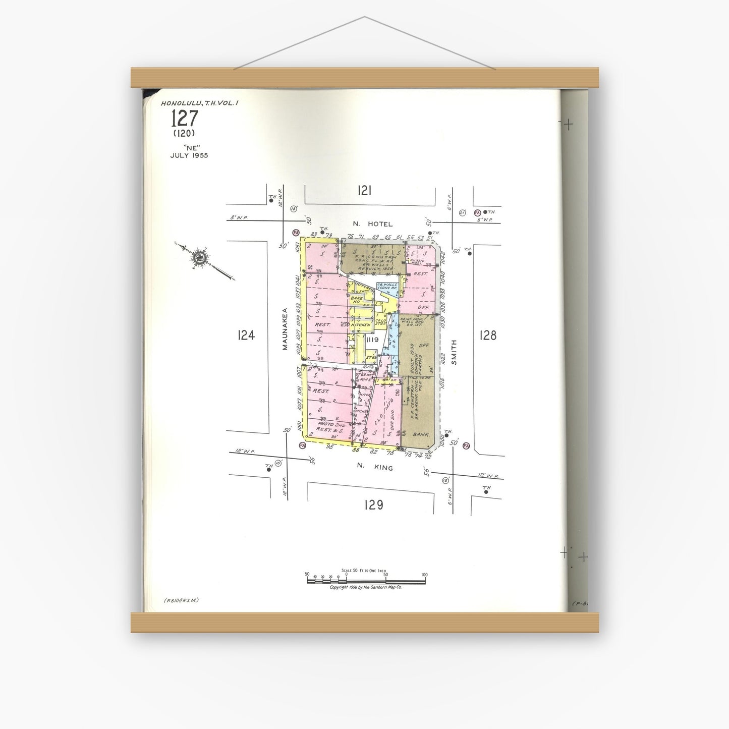 Old map wall art mockup — magnetic wood frame on white wall — Sanborn Fire Insurance Map from Honolulu, Oahu County, Hawaii (1955), Sheet #0127