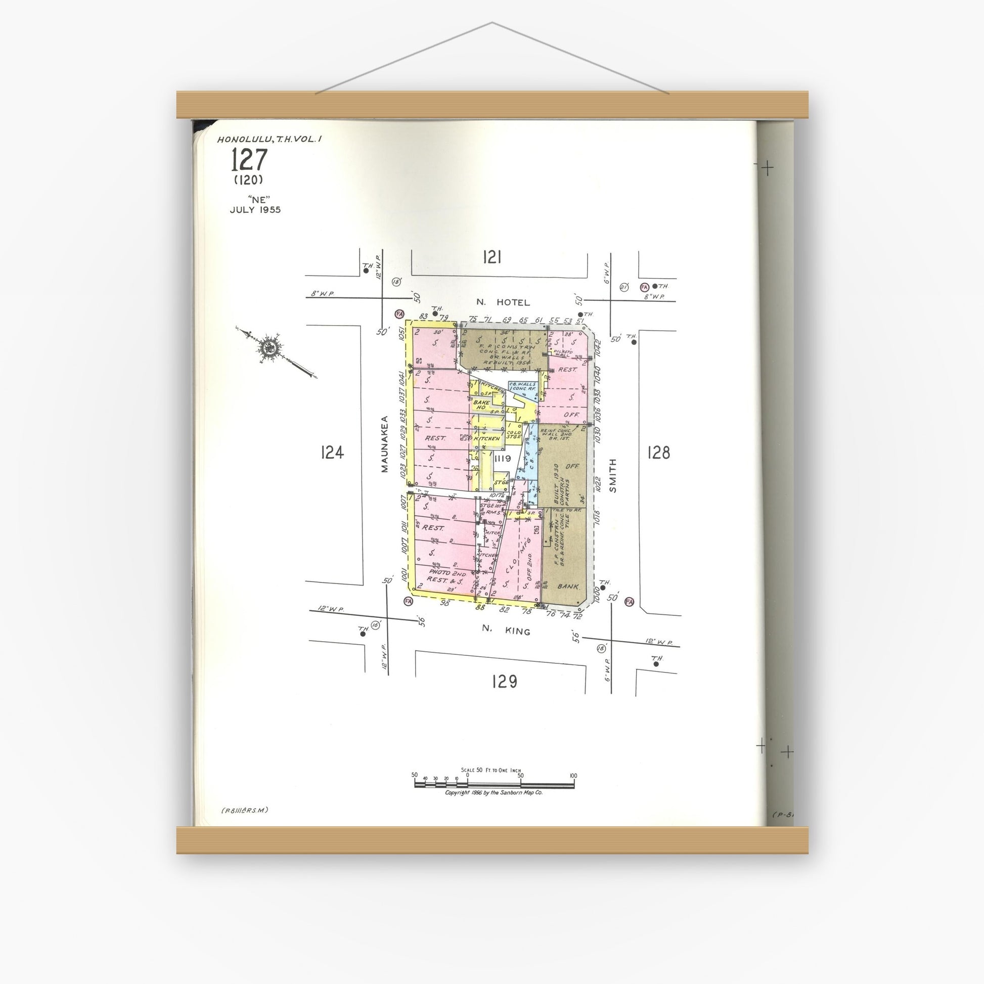 Old map wall art mockup — magnetic wood frame on white wall — Sanborn Fire Insurance Map from Honolulu, Oahu County, Hawaii (1955), Sheet #0127