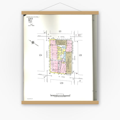 Old map wall art mockup — magnetic wood frame on white wall — Sanborn Fire Insurance Map from Honolulu, Oahu County, Hawaii (1955), Sheet #0127