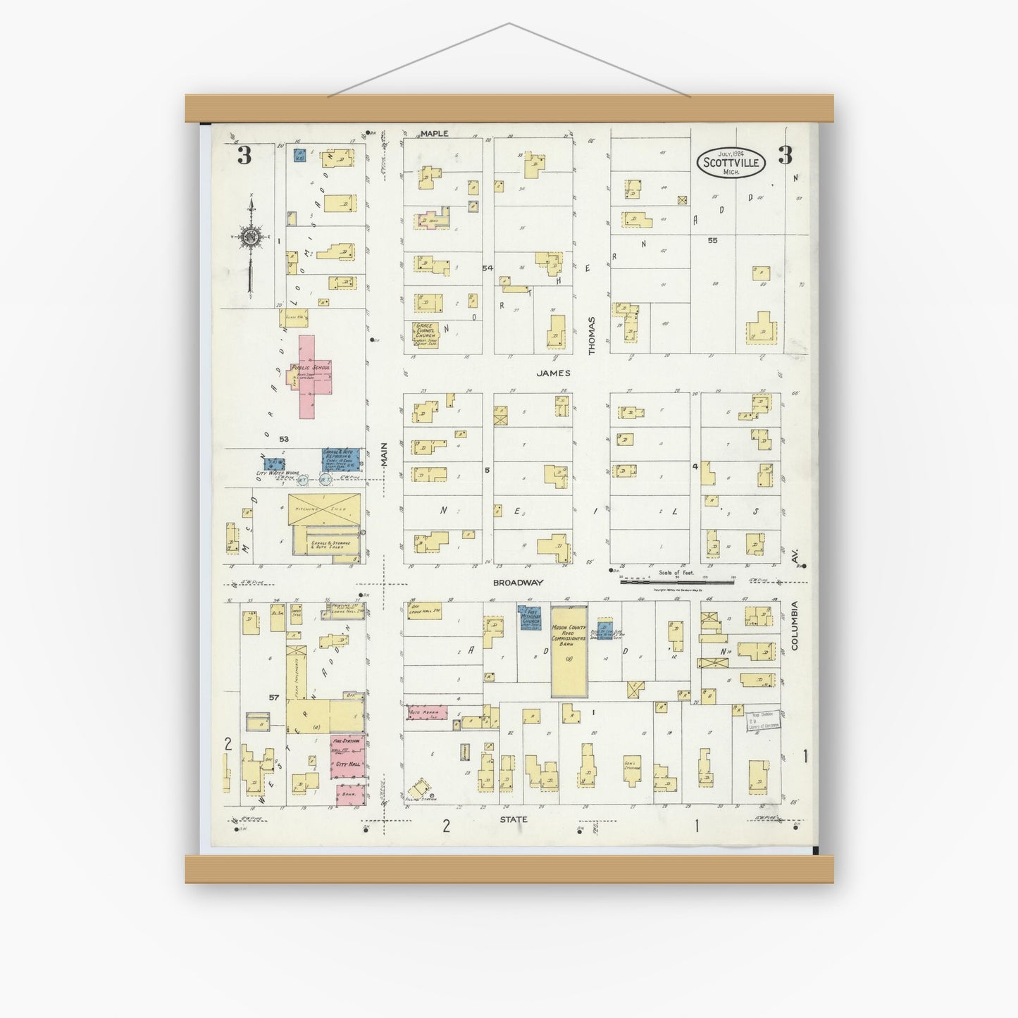 Old map wall art mockup — magnetic wood frame on white wall — Sanborn Fire Insurance Map from Scottville, Mason County, Michigan (1924), Sheet #0003