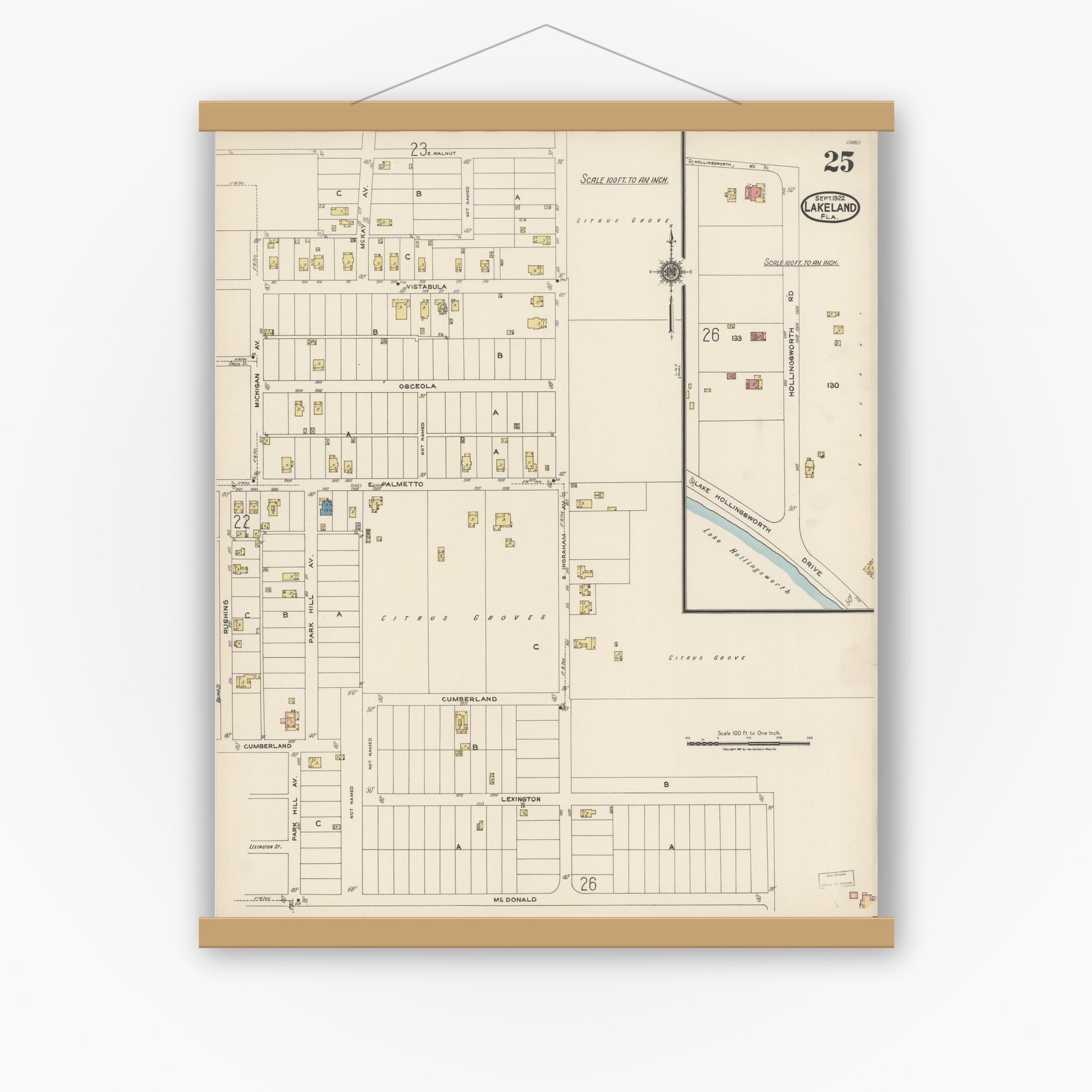 Old map wall art mockup — magnetic wood frame on white wall — Sanborn Fire Insurance Map from Lakeland, Polk County, Florida (1922), Sheet #0025