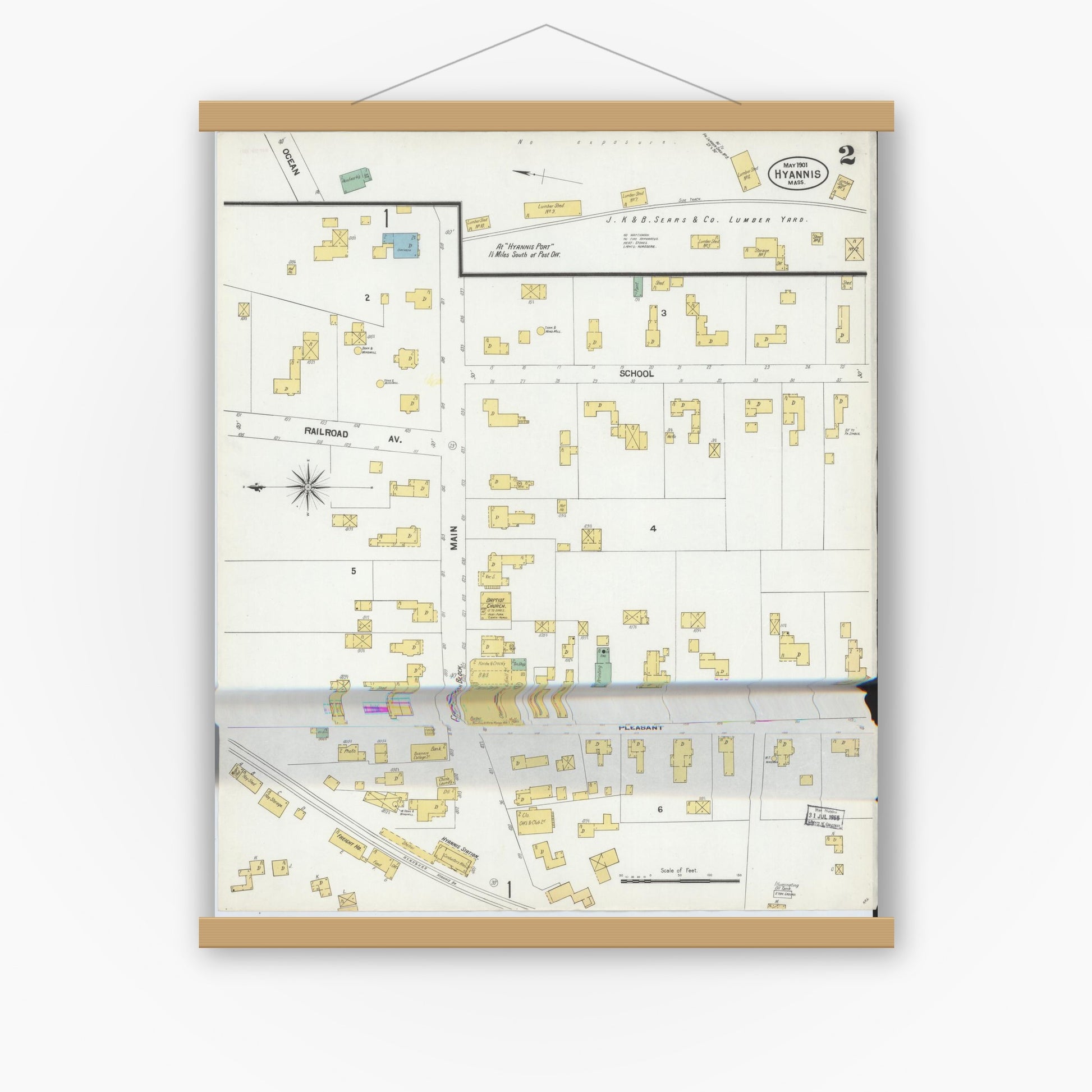 Old map wall art mockup — magnetic wood frame on white wall — Sanborn Fire Insurance Map from Hyannis, Barnstable County, Massachusetts (1901), Sheet #0002
