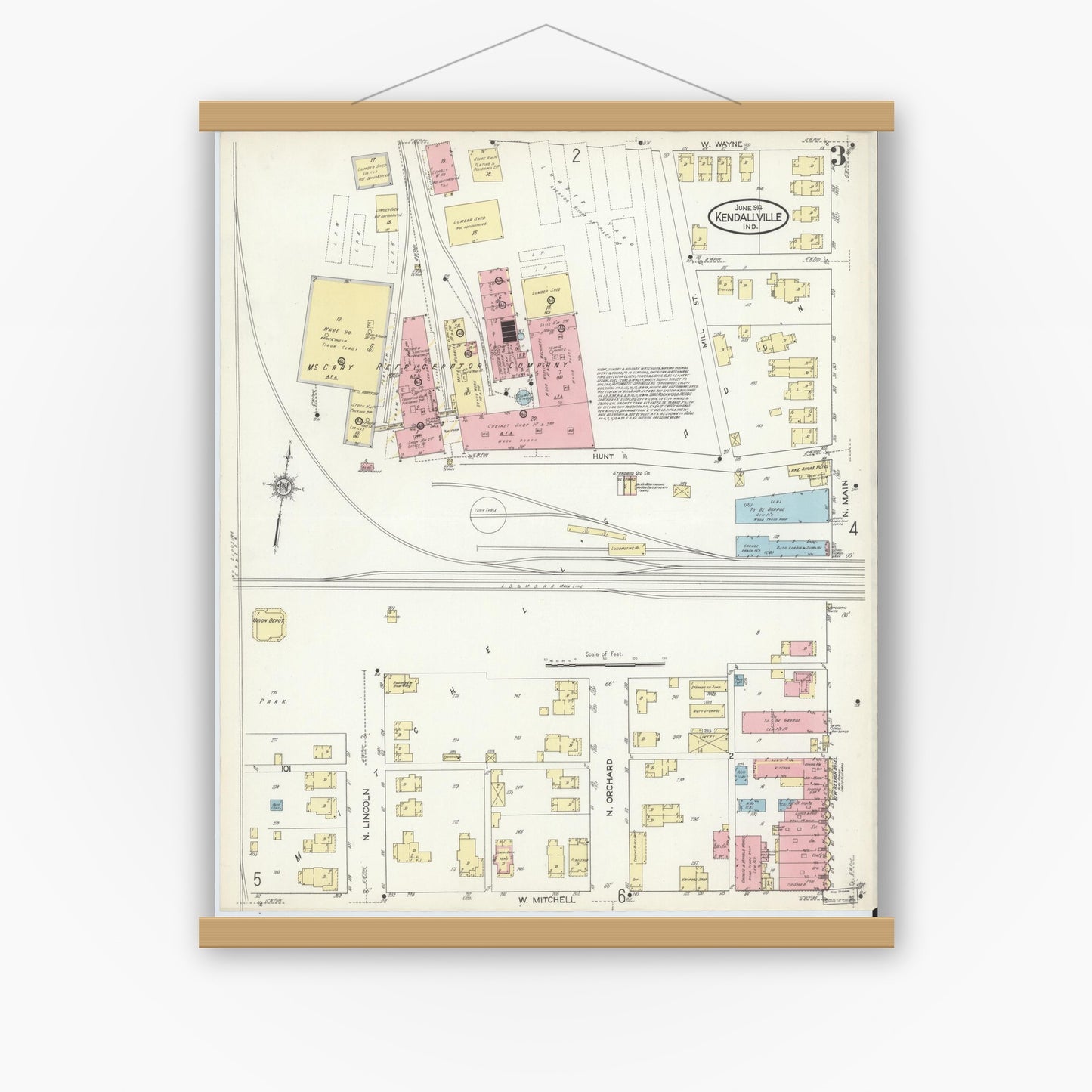 Old map wall art mockup — magnetic wood frame on white wall — Sanborn Fire Insurance Map from Kendallville, Noble County, Indiana (1914), Sheet #0003