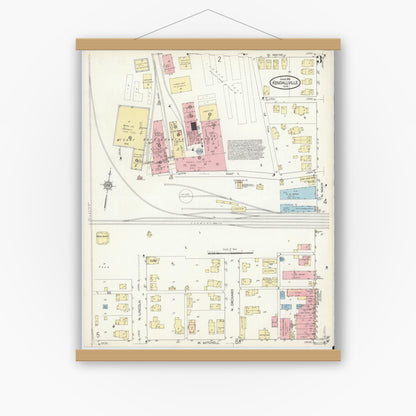Old map wall art mockup — magnetic wood frame on white wall — Sanborn Fire Insurance Map from Kendallville, Noble County, Indiana (1914), Sheet #0003