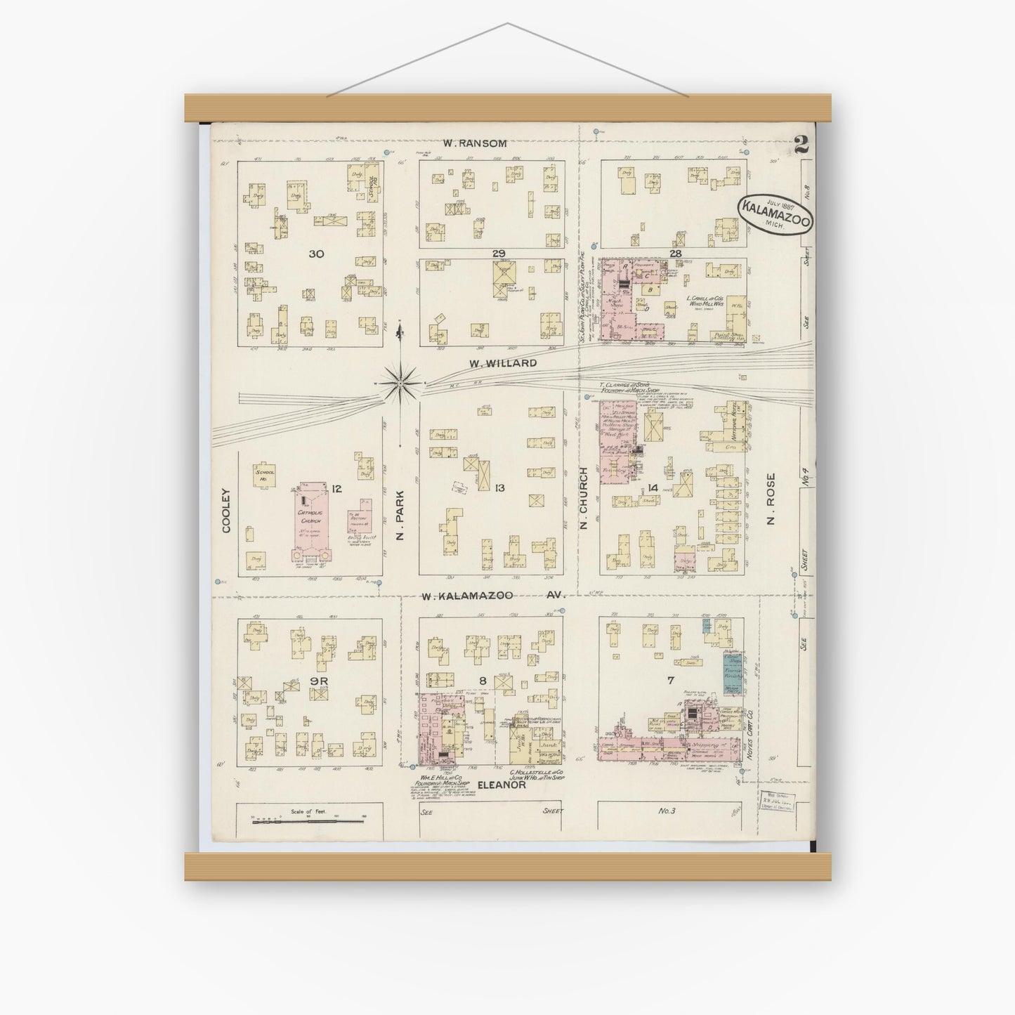 Old map wall art mockup — magnetic wood frame on white wall — Sanborn Fire Insurance Map from Kalamazoo, Kalamazoo County, Michigan (1887), Sheet #0002
