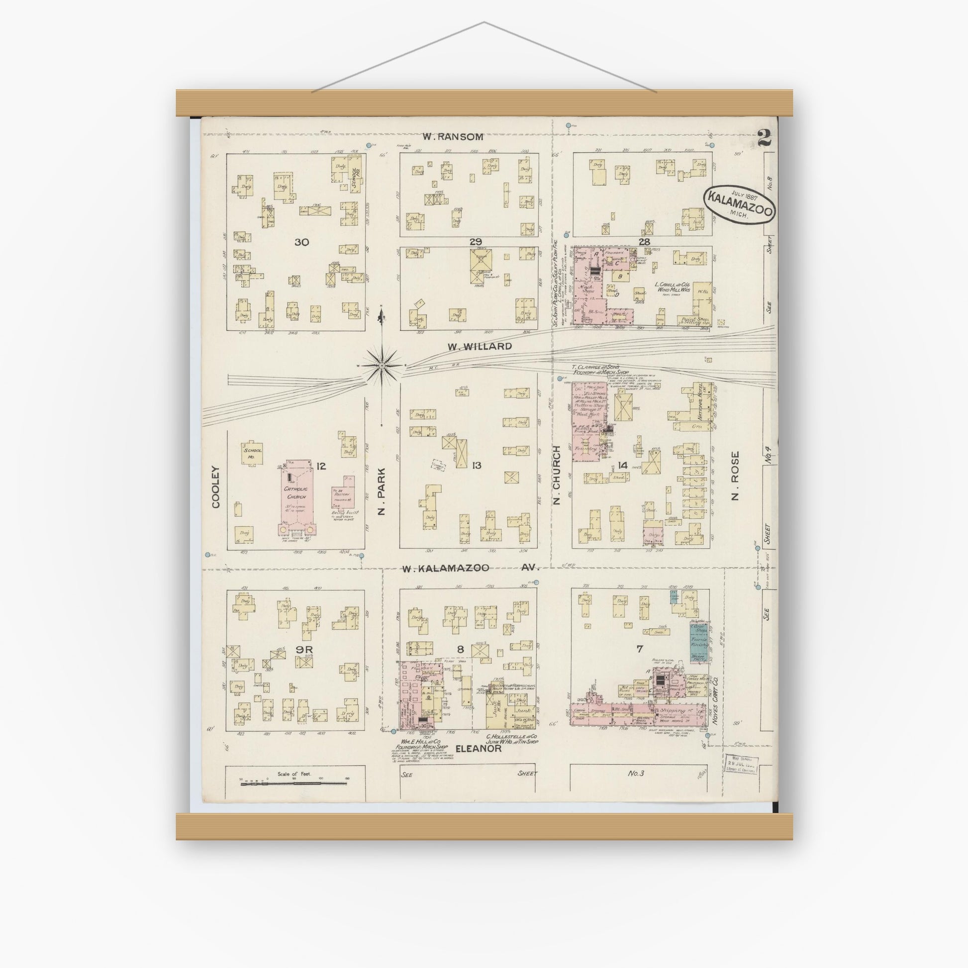 Old map wall art mockup — magnetic wood frame on white wall — Sanborn Fire Insurance Map from Kalamazoo, Kalamazoo County, Michigan (1887), Sheet #0002