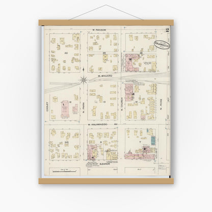 Old map wall art mockup — magnetic wood frame on white wall — Sanborn Fire Insurance Map from Kalamazoo, Kalamazoo County, Michigan (1887), Sheet #0002