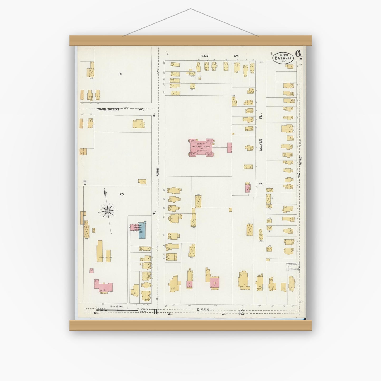 Old map wall art mockup — magnetic wood frame on white wall — Sanborn Fire Insurance Map from Batavia, Genesee County, New York (1901), Sheet #0006