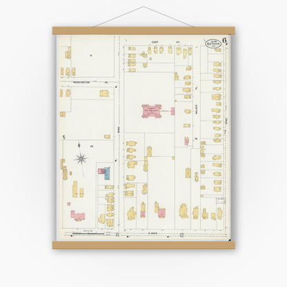 Old map wall art mockup — magnetic wood frame on white wall — Sanborn Fire Insurance Map from Batavia, Genesee County, New York (1901), Sheet #0006