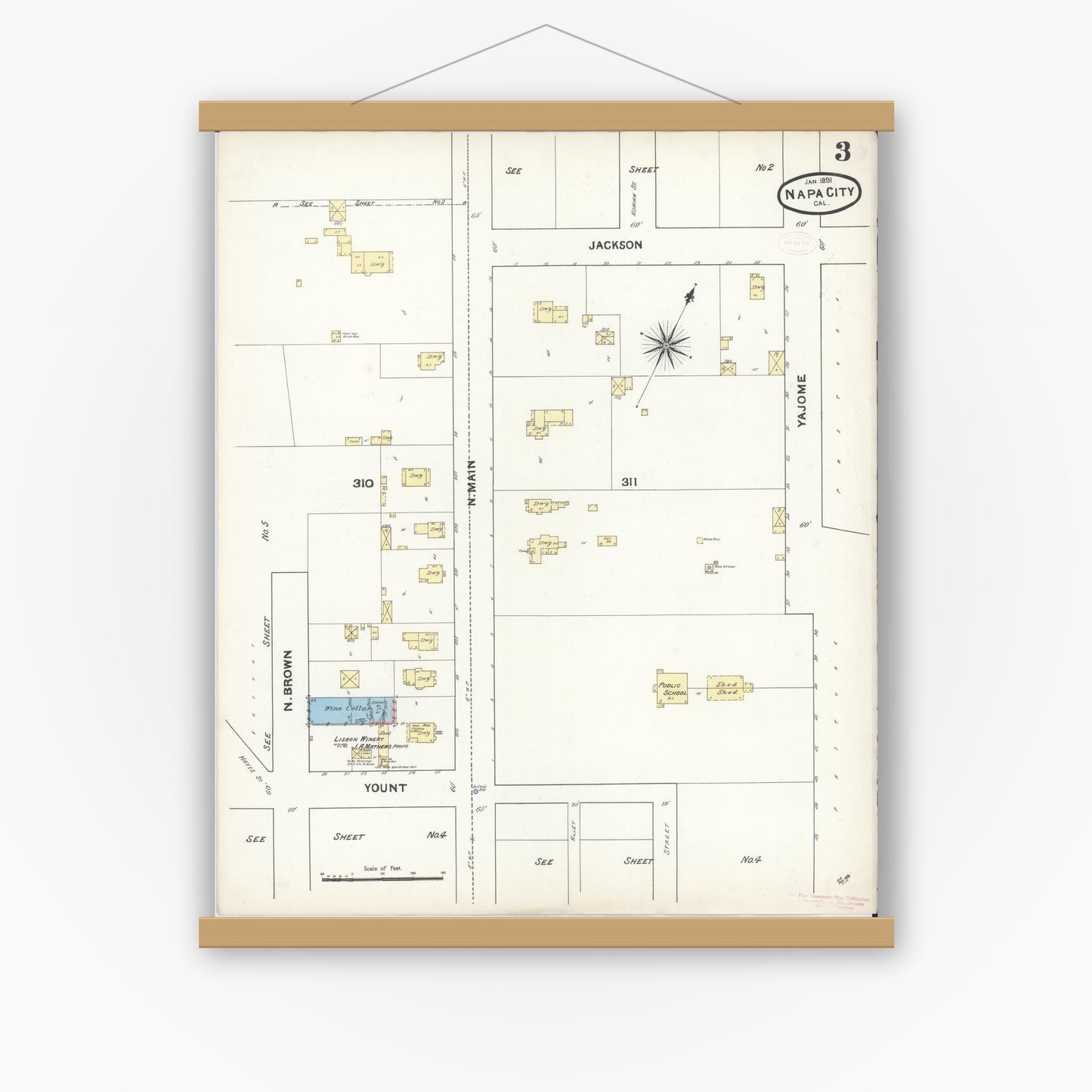 Old map wall art mockup — magnetic wood frame on white wall — Sanborn Fire Insurance Map from Napa, Napa County, California (1891), Sheet #0003