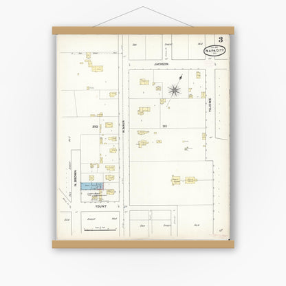Old map wall art mockup — magnetic wood frame on white wall — Sanborn Fire Insurance Map from Napa, Napa County, California (1891), Sheet #0003