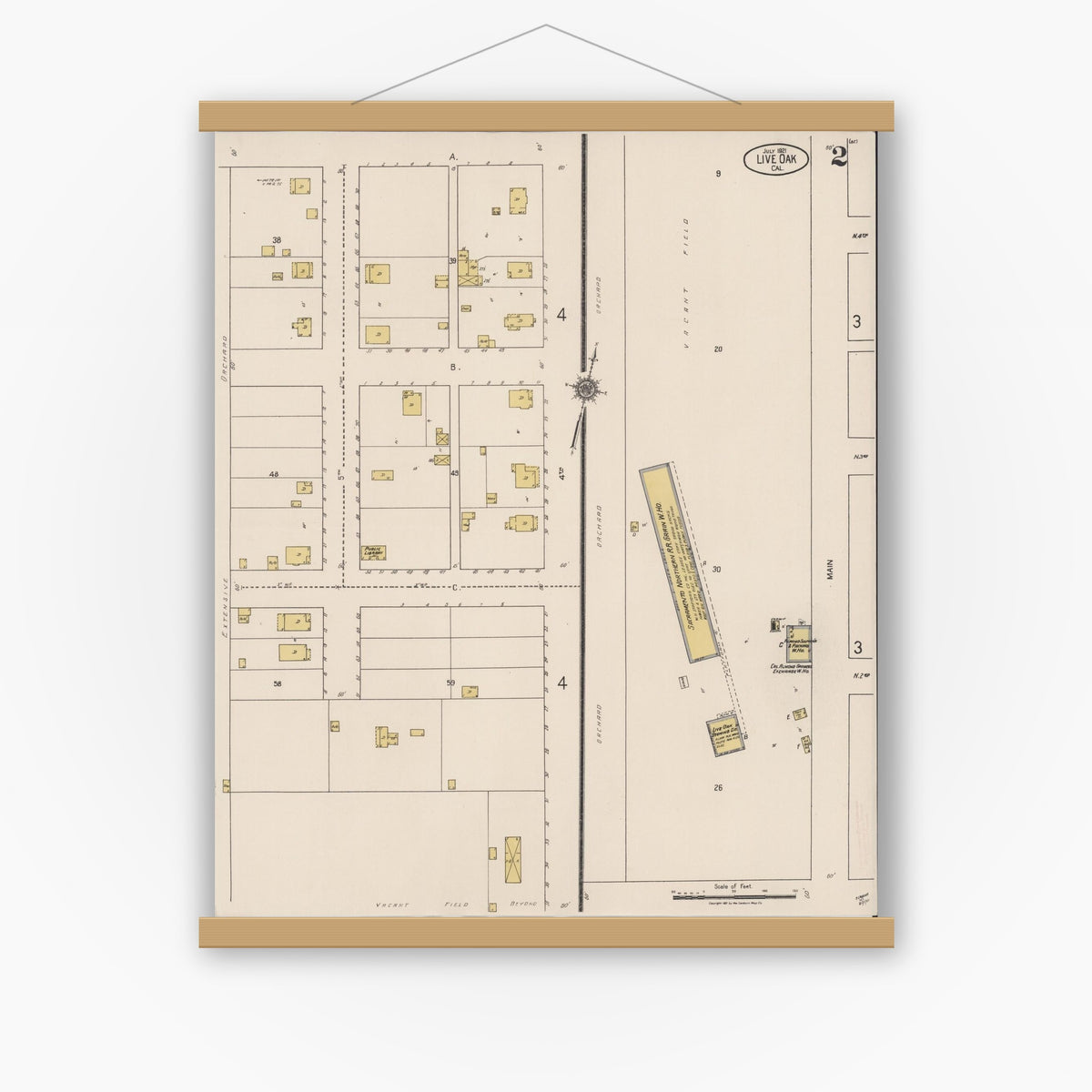 Old map wall art mockup — magnetic wood frame on white wall — Sanborn Fire Insurance Map from Live Oak, Sutter County, California (1921), Sheet #0002