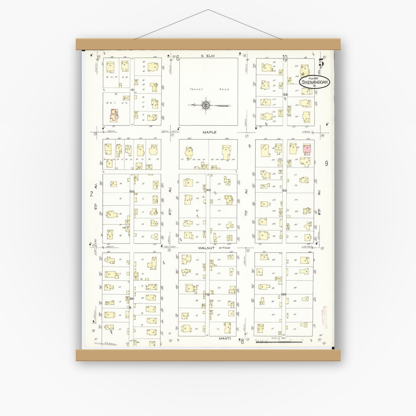 Old map wall art mockup — magnetic wood frame on white wall — Sanborn Fire Insurance Map from Shenandoah, Page County, Iowa (1914), Sheet #0005