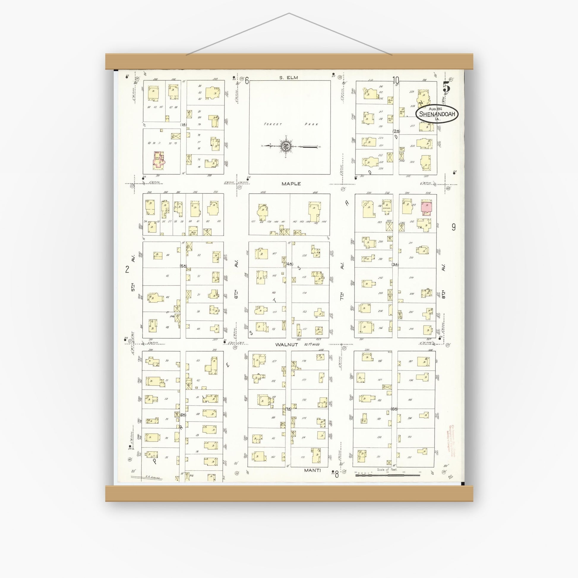 Old map wall art mockup — magnetic wood frame on white wall — Sanborn Fire Insurance Map from Shenandoah, Page County, Iowa (1914), Sheet #0005