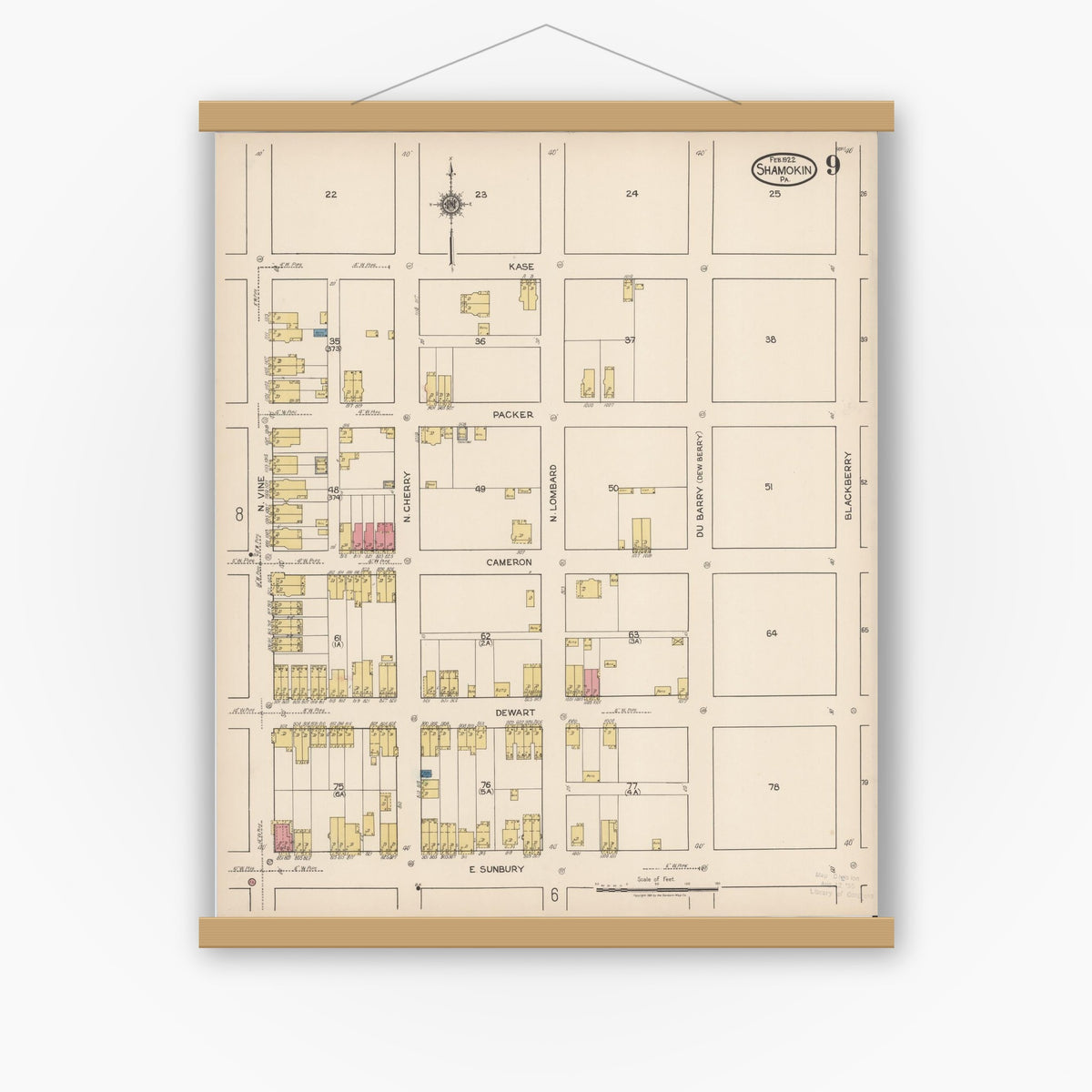 Old map wall art mockup — magnetic wood frame on white wall — Sanborn Fire Insurance Map from Shamokin, Northumberland County, Pennsylvania (1922), Sheet #0009