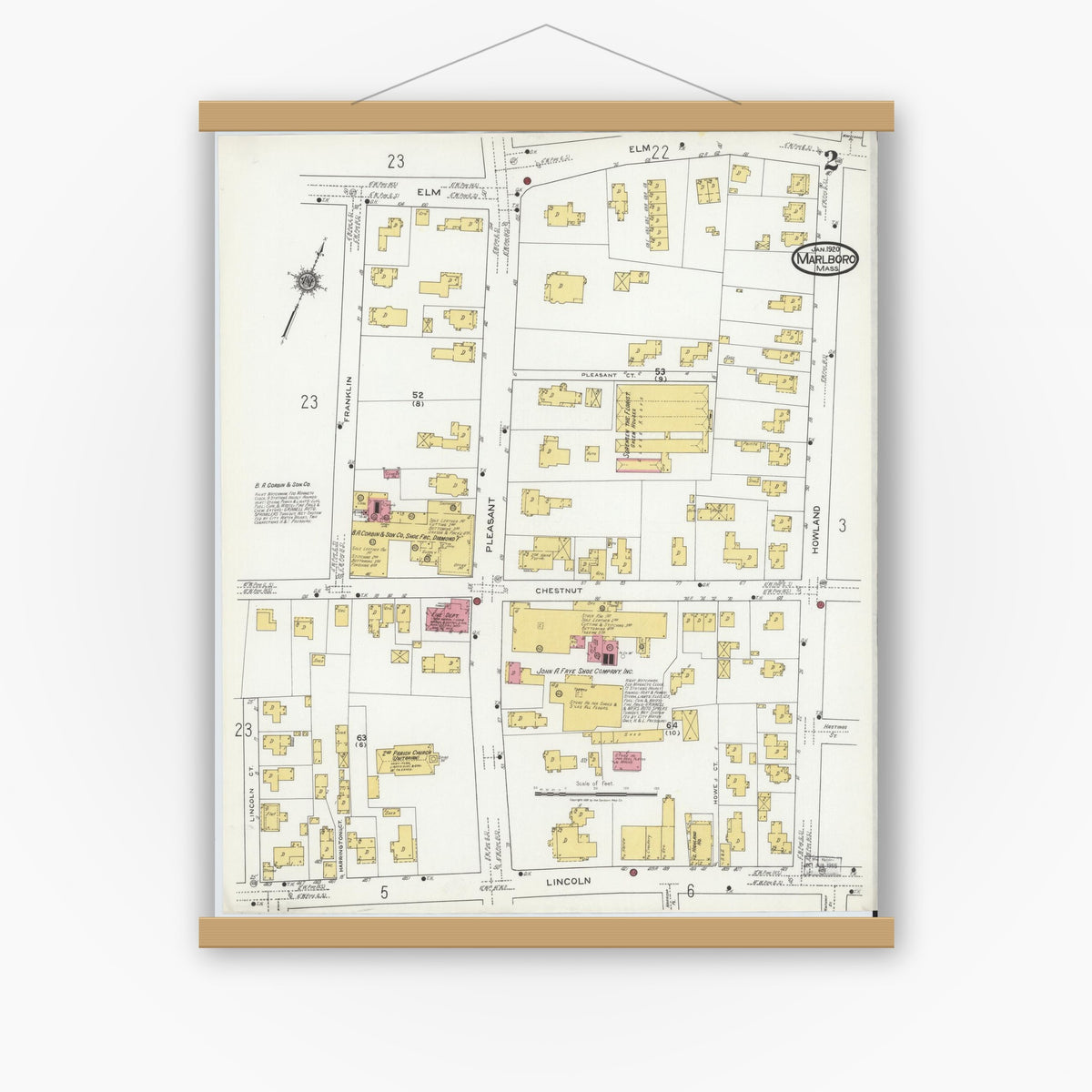Old map wall art mockup — magnetic wood frame on white wall — Sanborn Fire Insurance Map from Marlborough, Middlesex County, Massachusetts (1920), Sheet #0002