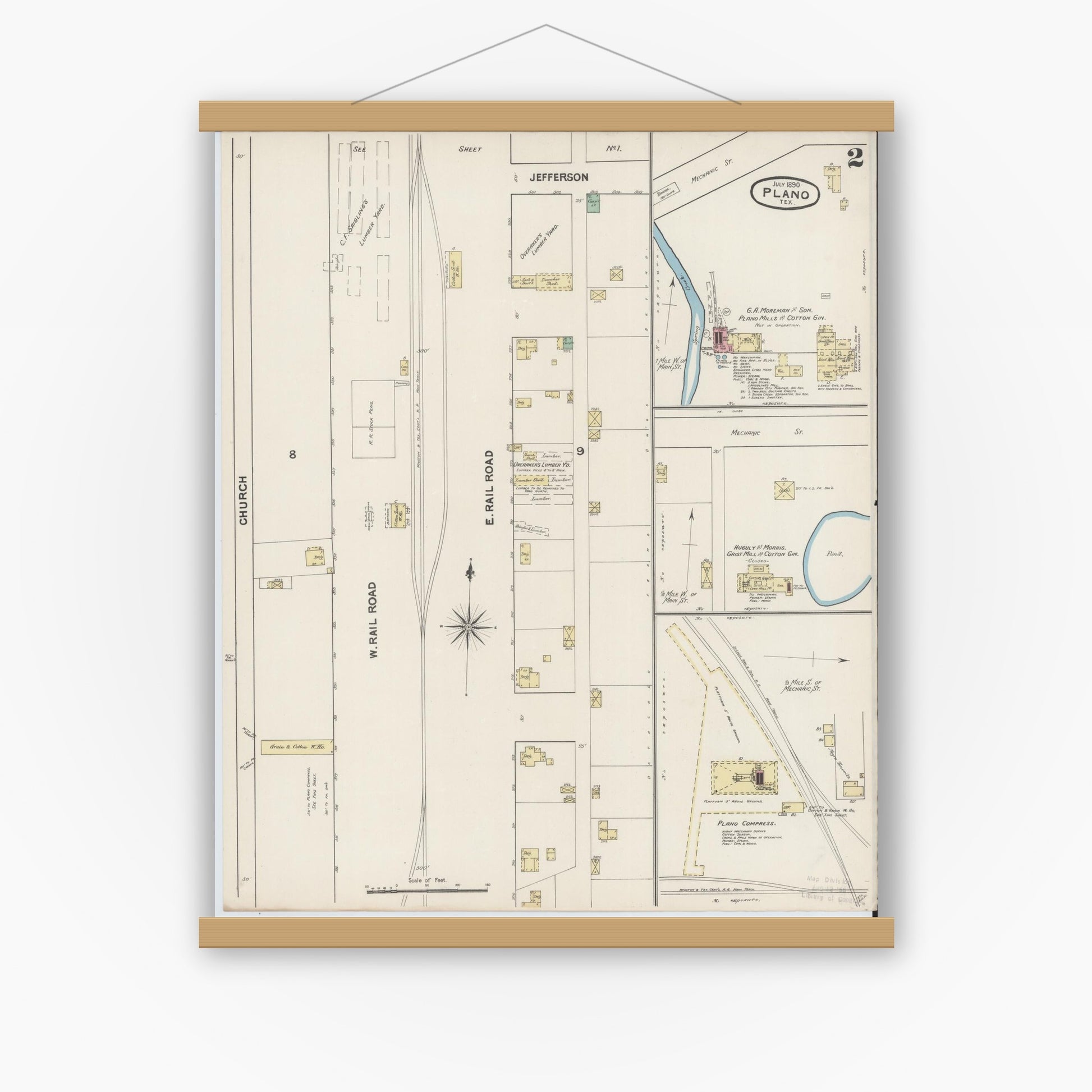 Old map wall art mockup — magnetic wood frame on white wall — Sanborn Fire Insurance Map from Plano, Collin County, Texas (1890), Sheet #0002