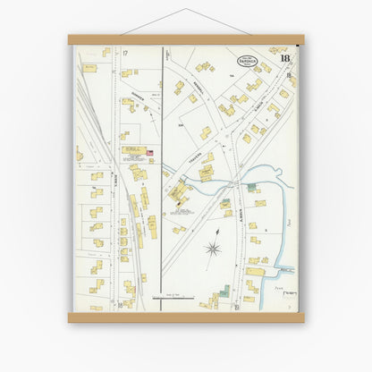 Old map wall art mockup — magnetic wood frame on white wall — Sanborn Fire Insurance Map from Gardner, Worcester County, Massachusetts (1905), Sheet #0018