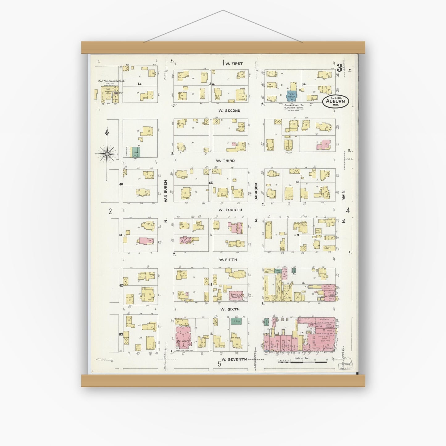 Old map wall art mockup — magnetic wood frame on white wall — Sanborn Fire Insurance Map from Auburn, De Kalb County, Indiana (1907), Sheet #0003