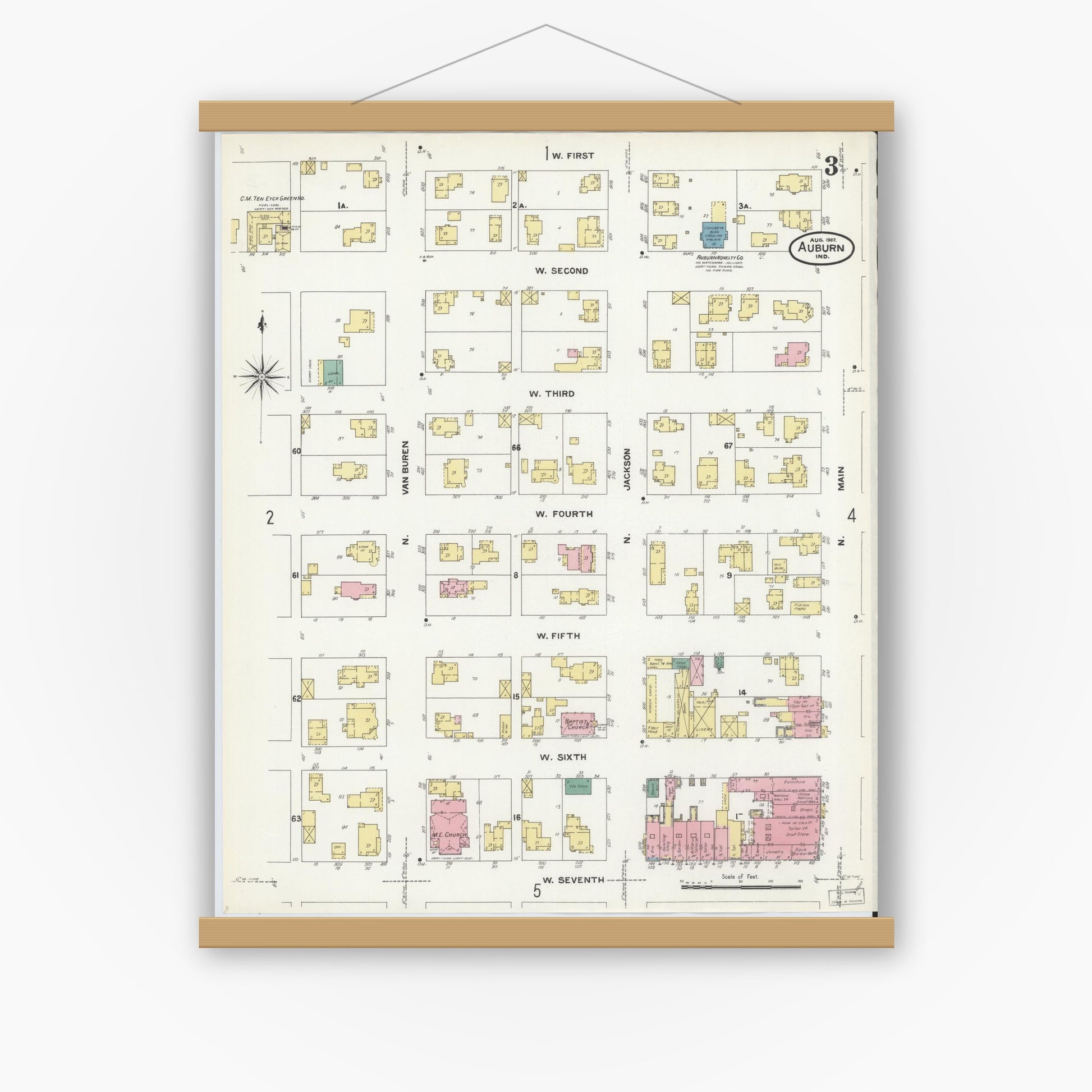 Old map wall art mockup — magnetic wood frame on white wall — Sanborn Fire Insurance Map from Auburn, De Kalb County, Indiana (1907), Sheet #0003
