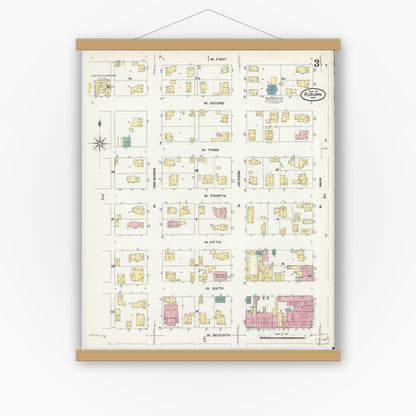 Old map wall art mockup — magnetic wood frame on white wall — Sanborn Fire Insurance Map from Auburn, De Kalb County, Indiana (1907), Sheet #0003