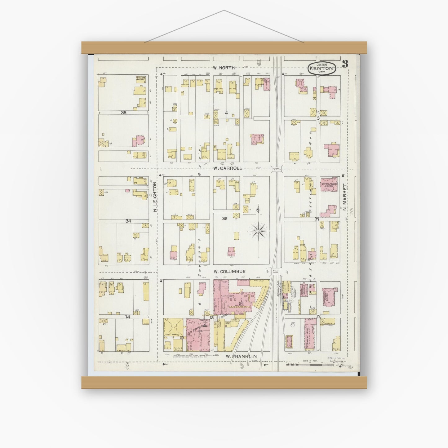 Old map wall art mockup — magnetic wood frame on white wall — Sanborn Fire Insurance Map from Kenton, Hardin County, Ohio (1892), Sheet #0003